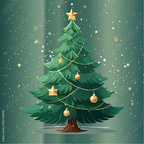 Festive Green Christmas Tree Decorated with Gold Ornaments and Stars, Illuminated by Soft, Sparkling Lights on a Snowy Background