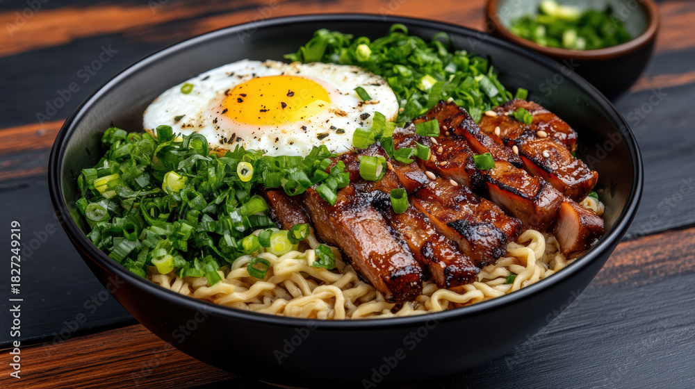Fototapeta premium Bowl ramen pork belly egg green onion cozy savory