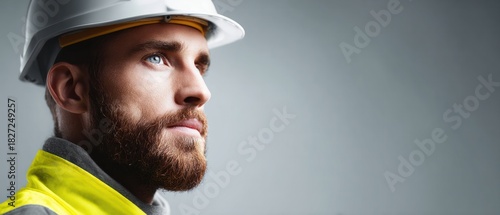 Confident male construction worker wearing white safety helmet and high visibility jacket looking forward in industrial environment