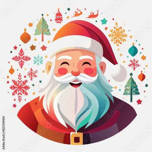 Vibrant and joyful illustration of a cheerful Santa Claus portrait surrounded by festive winter holiday elements, perfect for celebrating the spirit of Christmas and seasonal goodwill