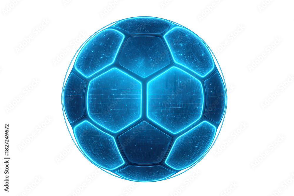 Obraz premium Neon blue holographic soccer ball, glowing with data elements, visualizing future sport, innovation, and digital gaming. Transparent background
