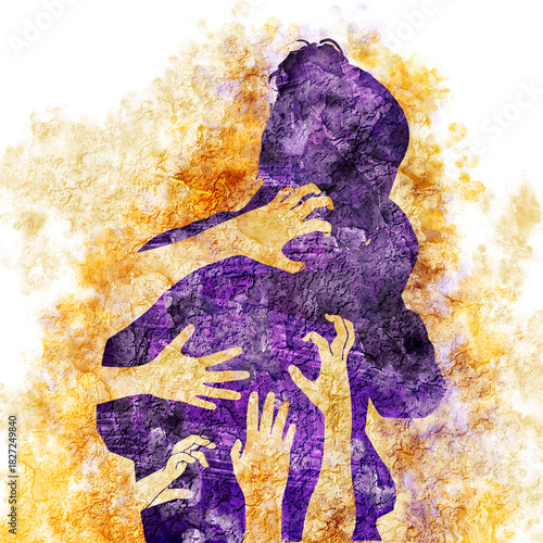 Social concept of sexual assault , domestic violence and harassment. Male hands reaching out to a upset woman.