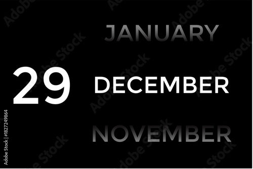 December 29 calendar with black background. A minimalist calendar template with well-structured date boxes and a sleek layout. This image is ideal for illustrating concepts such as time planning