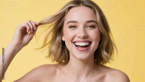 Gently smiling short-haired young caucasian woman holding hair ends on yellow background