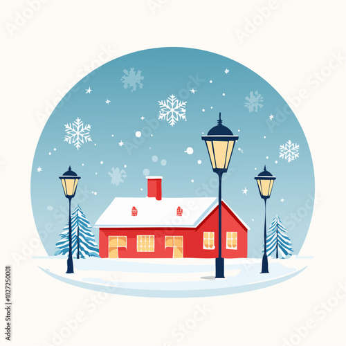 Winter Serenity Red House Amidst Snowy Landscape with Illuminated Streetlights