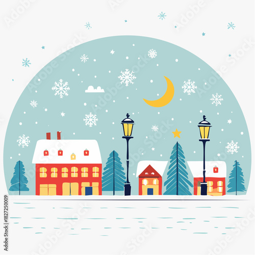 Idyllic winter wonderland illustration showcasing a peaceful snowy village adorned with festive streetlights, evergreen trees, and a celestial moon, capturing the serene beauty of the holiday season