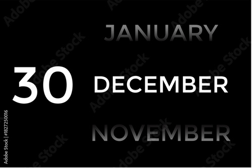 December 30 calendar with black background. A minimalist calendar template with well-structured date boxes and a sleek layout. This image is ideal for illustrating concepts such as time planning