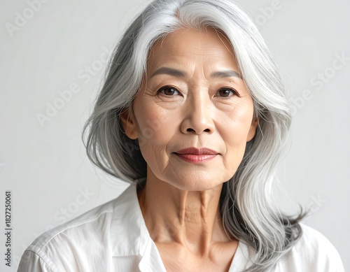 A close-up headshot of an older woman with silver hair, wearing a white shirt, against a white backdrop. Her expression is calm
