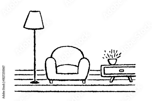 リビングのモノクロ線画イラスト（ソファ・ライト・インテリア）