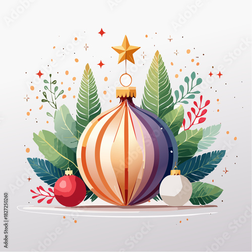 Festive Christmas Ornaments Adorned with Greenery and a Star for Holiday Celebrations