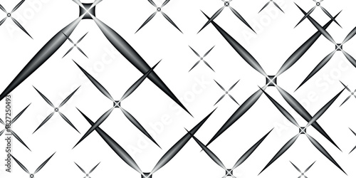 A seamless abstract geometric pattern featuring black and gray stylized stars and crosses on a white background.