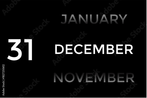 December 31 calendar with black background. A minimalist calendar template with well-structured date boxes and a sleek layout. This image is ideal for illustrating concepts such as time planning