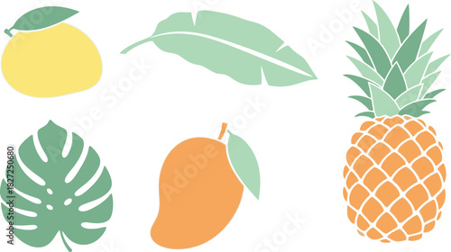 Tropical Fruits and Leaves Collection Pineapple Mango Lemon and Exotic Foliage.