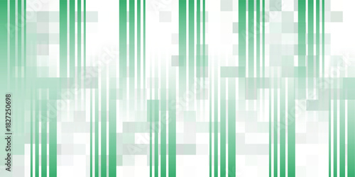 Abstract background with vertical green stripes and a digital pixelated pattern on a white backdrop.