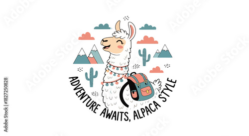 Adventure awaits alpaca style vector illustration with happy llama wearing backpack, mountains and cacti background, cute animal travel design