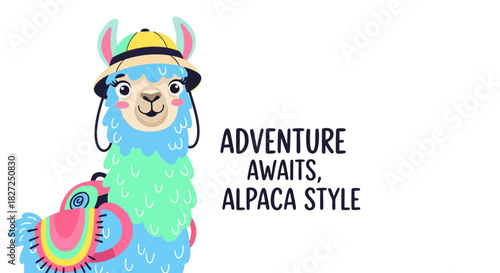 Adventure awaits alpaca style illustration of cute cartoon llama with travel gear, colorful and cheerful design on a white background