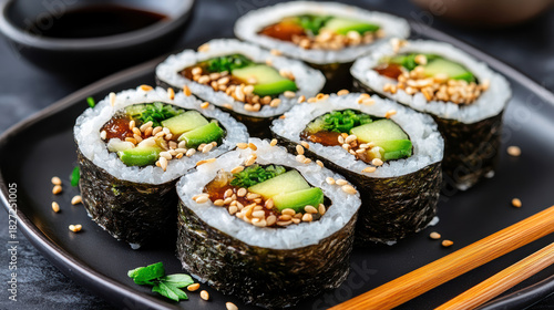 Wallpaper Mural Avocado sushi roll avocado cucumber sesame nori rice soy sauce plate Torontodigital.ca