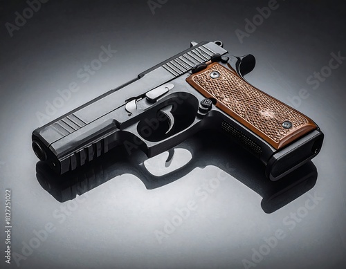 A close-up, high-angle view of a sleek, semi-automatic handgun resting on a reflective surface. The weapon's metal body contrasts against a patterned wooden grip
