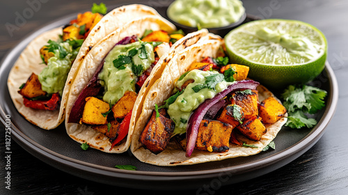 Roasted vegetable tacos with avocado lime sauce, cilantro garnish and lime wedge