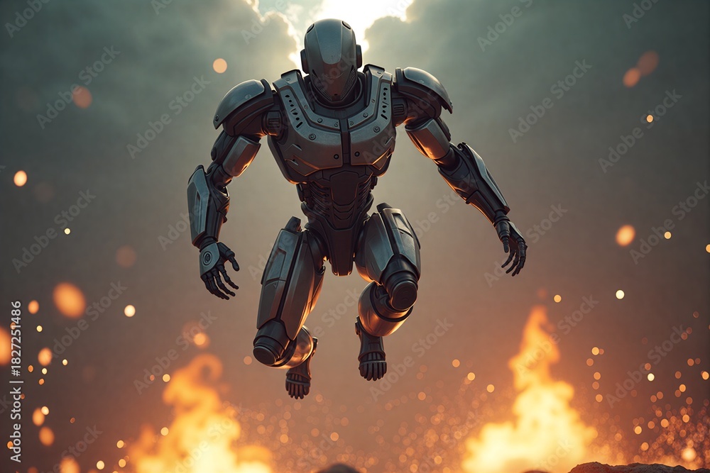 Fototapeta premium Cyborg leaps through fiery sky, armored form silhouetted against blazing flames and glowing embers below.