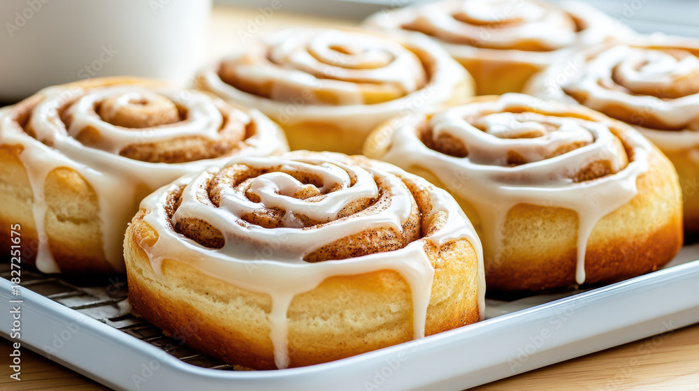 Fototapeta premium Cinnamon roll icing pastry bakery swirl glaze golden steam