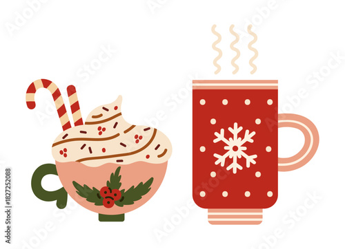 Christmas drink vector illustration. A pair of festive mugs with hot beverage. Cup with holly, candy cane, whipped cream. Ceramic mug with a snowflake, steam. Tasty coffee, mulled wine. Hand drawn art