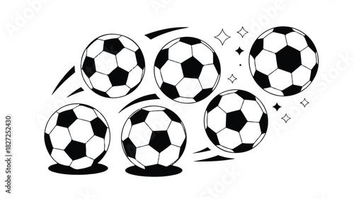 A dynamic black and white illustration featuring five soccer balls artfully arranged on a clean white background