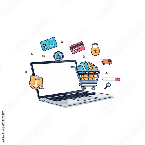online shopping concept, e-commerce, flash sale, discount, payment cashless, digital, flat illustration vector
