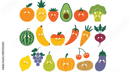 A delightful cartoon illustration featuring twenty charming anthropomorphized fruits and vegetables arranged neatly in three distinct rows on a clean white background