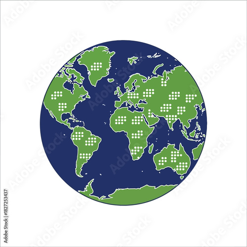Stylized World Globe with Green Landmasses and Blue Oceans.