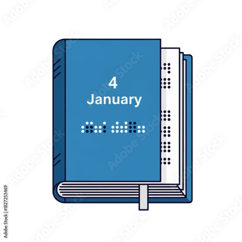 Blue diary with the date January 4th and braille text on the page.