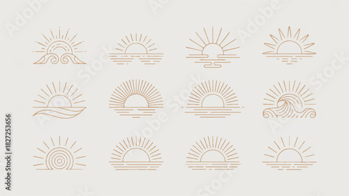 Twelve minimalist sun and sunrise illustrations in a beige palette arranged in a clean three by four grid layout