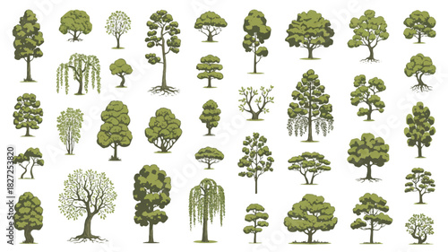 A versatile collection of forty distinct vector tree illustrations presented in a uniform grid layout on a clean white background