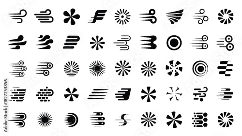 A comprehensive collection of fifty abstract black and white graphic symbols representing wind and movement for design applications