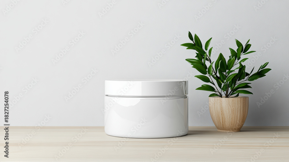Fototapeta premium White cosmetic jar on wooden surface with small potted plant, minimalist clean scene