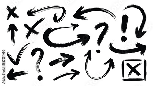 A diverse collection of hand drawn black arrows and abstract symbols presented on a clean white background for versatile design applications