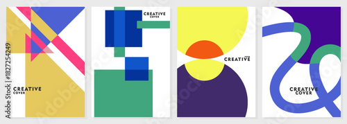 Creative covers, layouts or posters concept in modern minimal style for corporate identity, branding, social media advertising, promo. Modern cover design template with colorful dynamic overlay lines