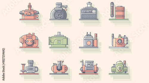 Colorful flat vector icons of internal engine parts including carburetor air filter and fuel line in a clean pastel grid layout