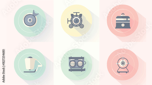 Set of colorful flat vector icons representing internal engine parts with a clean grid layout and pastel color palette