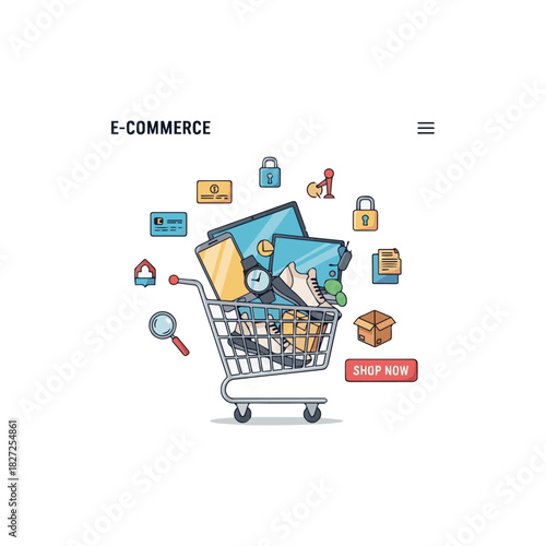 online shopping concept, e-commerce, flash sale, discount, payment cashless, digital, flat illustration vector