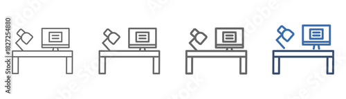 
outline icon set workspace with desk, computer and lamp design