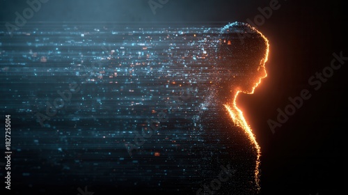 Abstract illustration of a human silhouette dissolving into glowing particles symbolizing mental health challenges