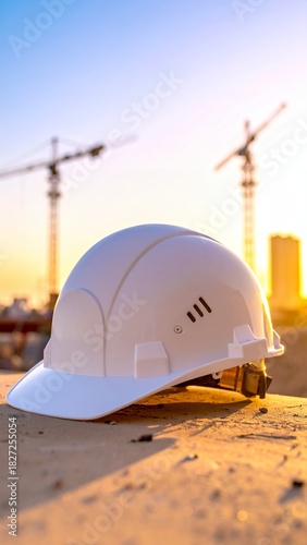 White hard hat on a construction site with cranes in the background at sunset, symbolizing safety and progress in building development.