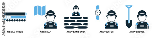 Set Military Icon Vector Ideal for applications, games, or graphic design projects related to armed forces, defense, conflict, and specialized equipment.	