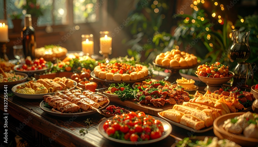 Fototapeta premium A lavish Christmas feast spread across a rustic wooden table, adorned with an array of delectable dishes and festive decorations, creating a warm and inviting holiday atmosphere.