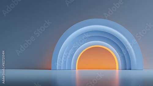 Fototapeta Naklejka Na Ścianę i Meble -  Abstract 3D render of a glowing orange archway in a blue tunnel.