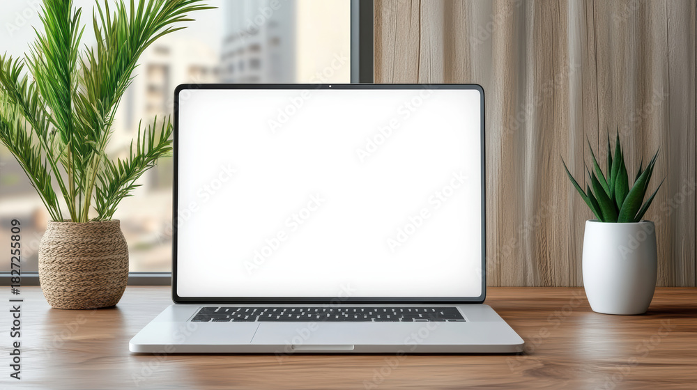 Fototapeta premium Minimal workspace laptop with blank screen on wooden desk, cozy modern plants and window light