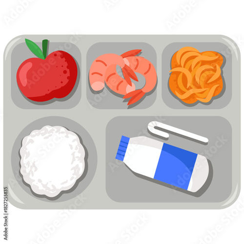 School Lunch Meal Tray with Food Illustration Vector Flat Design