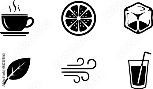 Minimalist beverage icons: coffee, citrus, ice, leaf, wind, drink