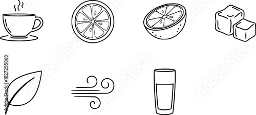Minimalist beverage icons: coffee, citrus, ice, leaf, wind, drink